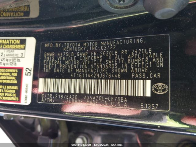 4T1G11AK2NU676446 Toyota CAMRY SE