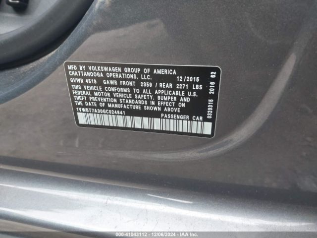 1VWBT7A30GC024841 Volkswagen Passat 1.8t Se
