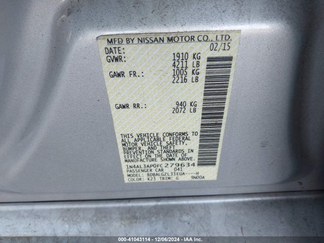 Nissan Altima 2.5 S 2015 1N4AL3AP0FC279634 Image 9
