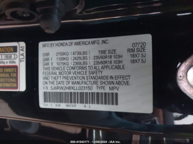 5J6RW2H8XLL023150 Honda Cr-v Awd Ex-l