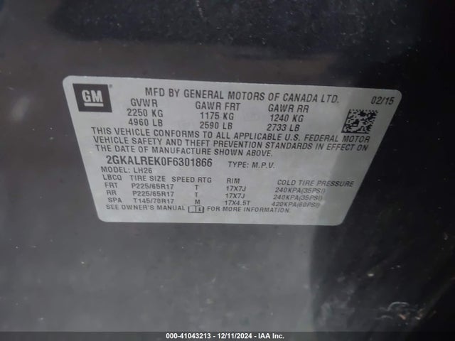 GMC Terrain Sle-2 2015 2GKALREK0F6301866 Image 9