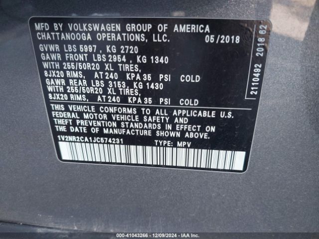 1V2NR2CA1JC574231 Volkswagen Atlas 3.6l V6 Sel Premium