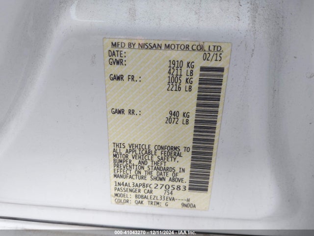 Nissan Altima 2.5 S 2015 1N4AL3AP8FC270583 Image 9