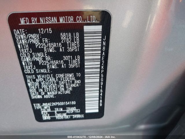 JN8AE2KP5G9154189 Nissan Quest Platinum/s/sl/sv