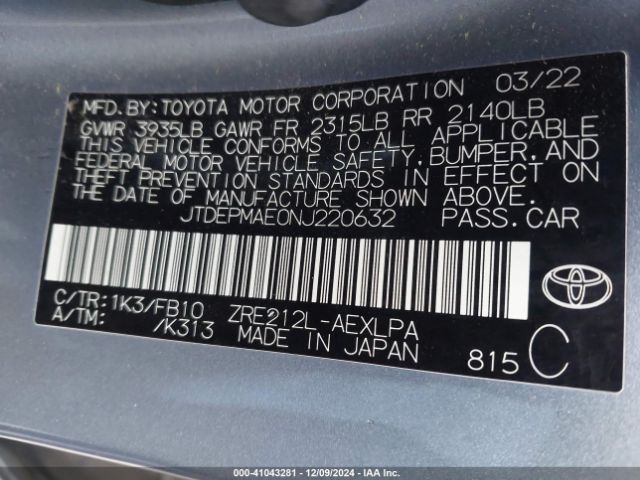 JTDEPMAE0NJ220632 Toyota COROLLA LE