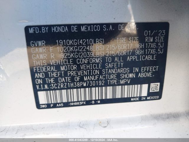 3CZRZ1H38PM730192 Honda Hr-v 2wd Lx