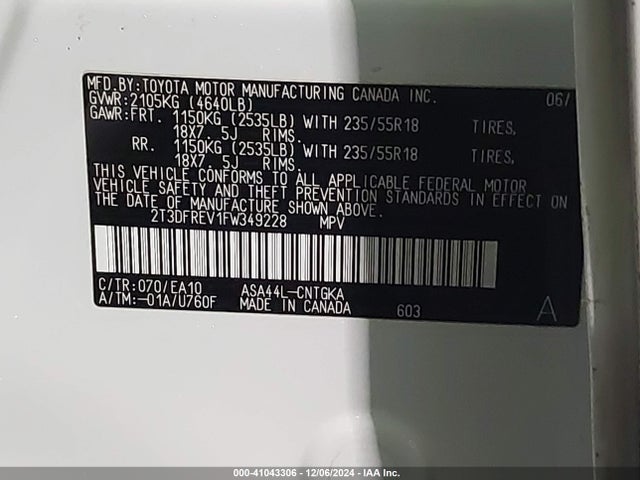 2T3DFREV1FW349228 Toyota Rav4 Limited