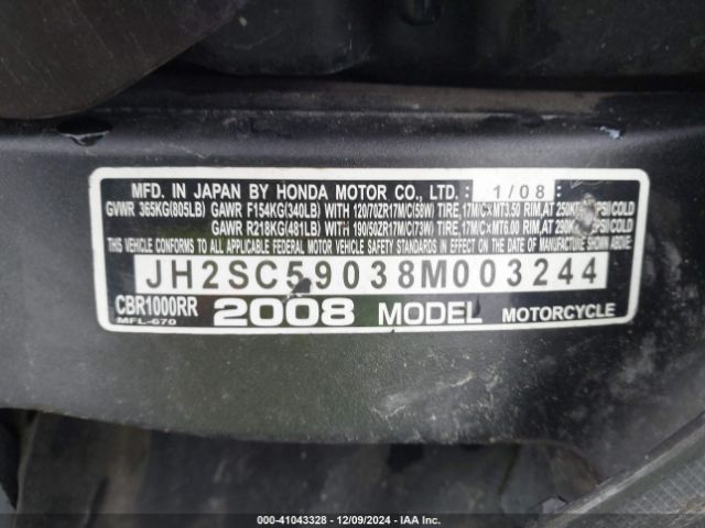 2008 HONDA CBR1000 JH2SC59038M003244 Photo 9