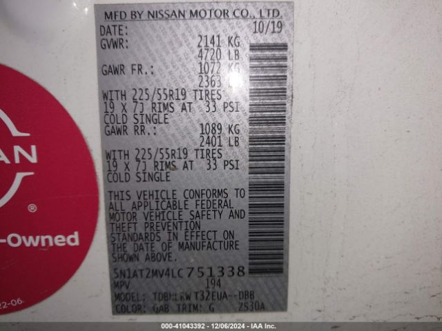 5N1AT2MV4LC751338 Nissan Rogue Sl Intelligent Awd
