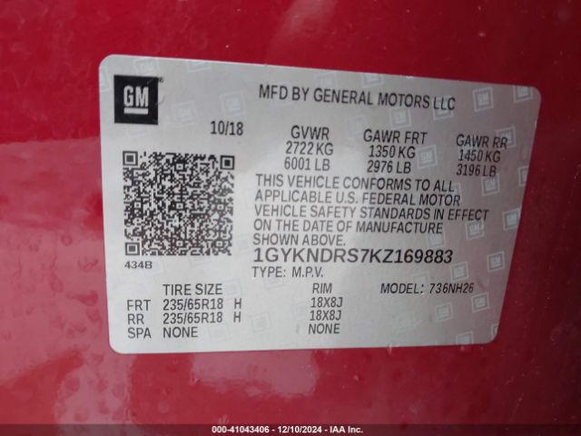 1GYKNDRS7KZ169883 Cadillac XT5 LUXURY