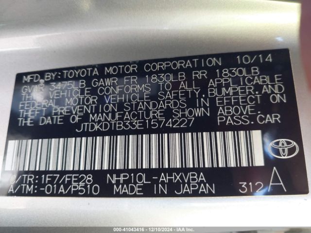 JTDKDTB33E1574227 Toyota Prius C One