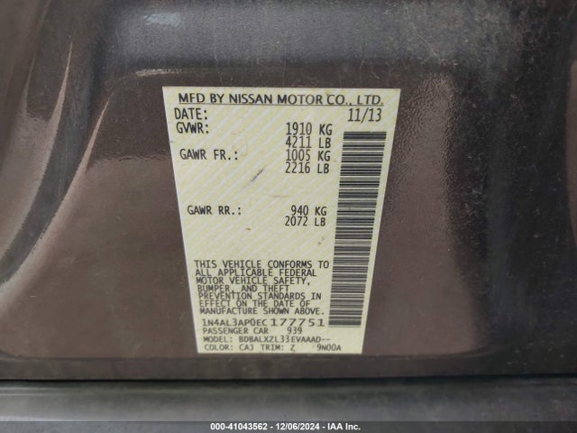 Nissan Altima 2.5 Sl 2014 1N4AL3AP0EC177751 Image 9