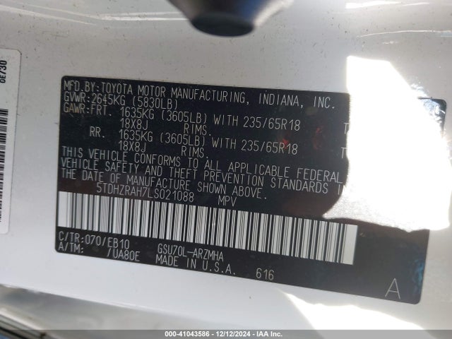 Toyota Highlander Xle 2020 5TDHZRAH7LS021088 Image 9