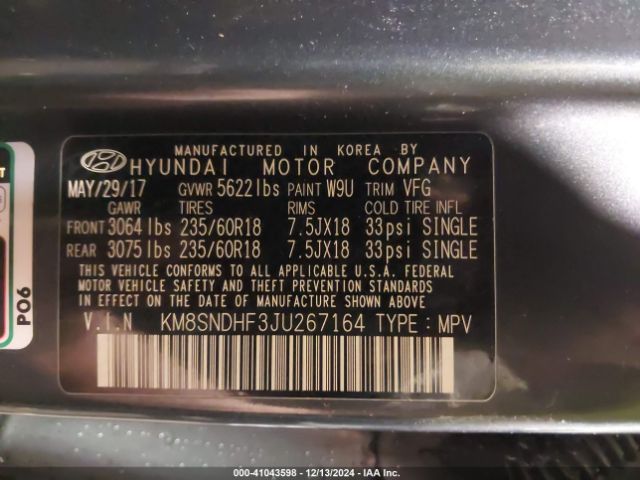 KM8SNDHF3JU267164 Hyundai Santa Fe Se