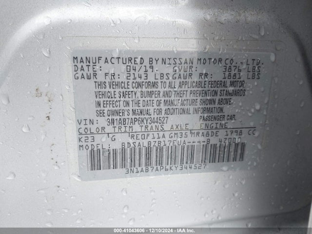 Nissan SENTRA S 2019 3N1AB7AP6KY344527 Image 9