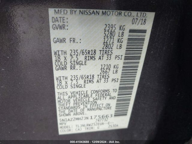 5N1AZ2MH2JN175663 Nissan MURANO SL
