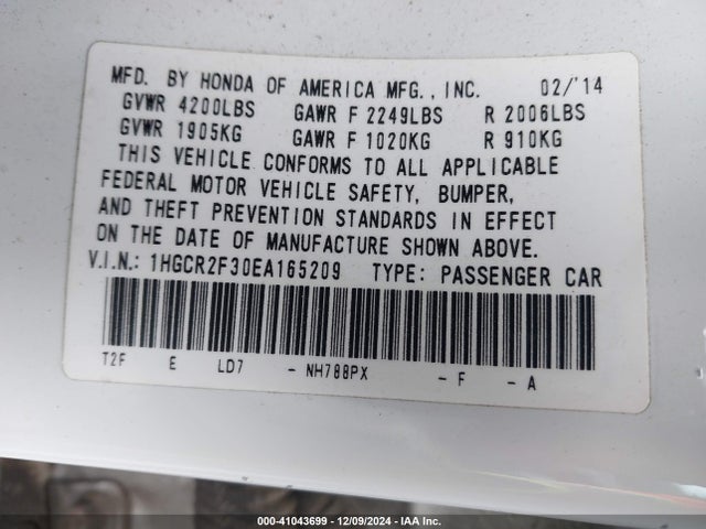 41043699 :رقم المزاد ، 1HGCR2F30EA165209 vin ، 2014 Honda Accord Lx مزاد بيع