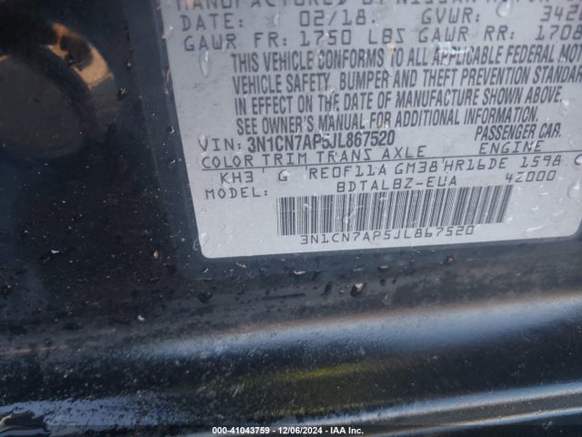 3N1CN7AP5JL867520 Nissan Versa 1.6 Sv