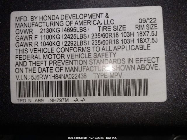 5J6RW1H84NA022438 Honda Cr-v 2wd Ex-l