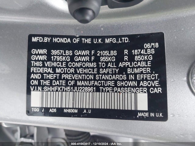 SHHFK7H51JU228961 Honda CIVIC EX