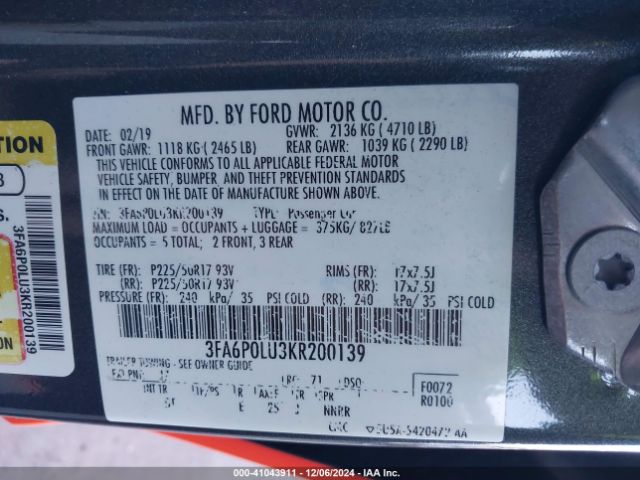 3FA6P0LU3KR200139 Ford Fusion Hybrid Se
