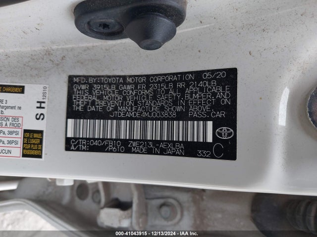 JTDEAMDE4MJ003838 Toyota Corolla Hybrid Le