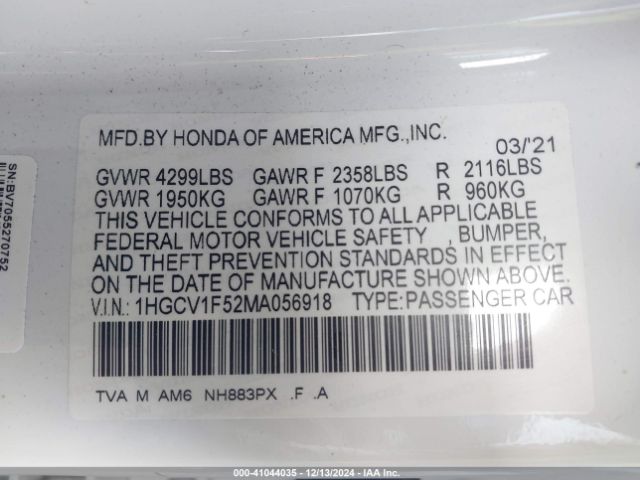 2021 HONDA ACCORD 1HGCV1F52MA056918 Photo 8