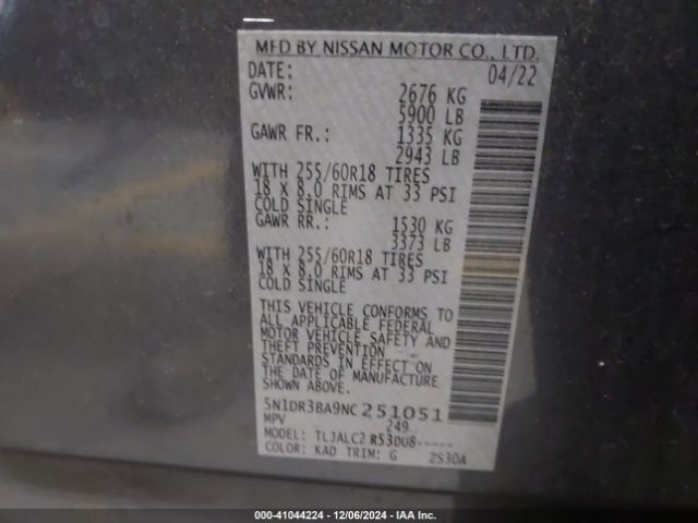 5N1DR3BA9NC251051 Nissan Pathfinder Sv 2wd