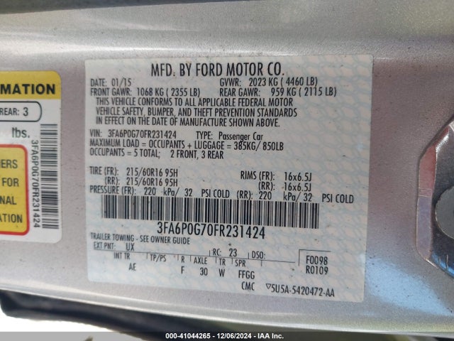 Ford FUSION S 2015 3FA6P0G70FR231424 Image 9