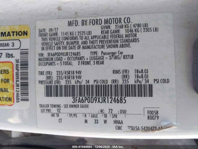 3FA6P0D9XJR124685 Ford Fusion Titanium
