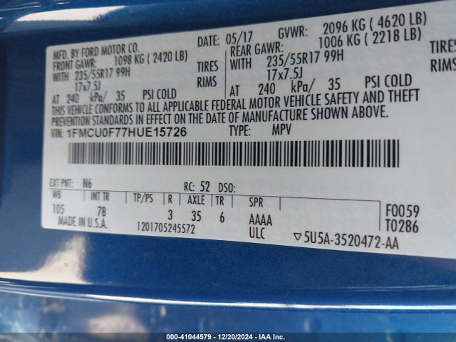 Ford ESCAPE S 2017 1FMCU0F77HUE15726 Image 9