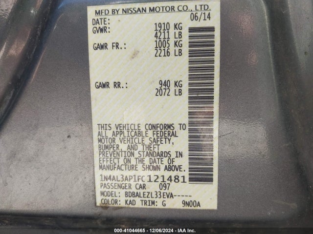 Nissan Altima 2.5 S 2015 1N4AL3AP1FC121481 Image 9