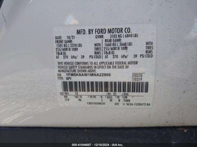 1FM5K8AW1MNA22966 Ford Police Interceptor Utility