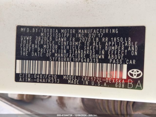 5YFBURHE1HP648319 Toyota COROLLA SE