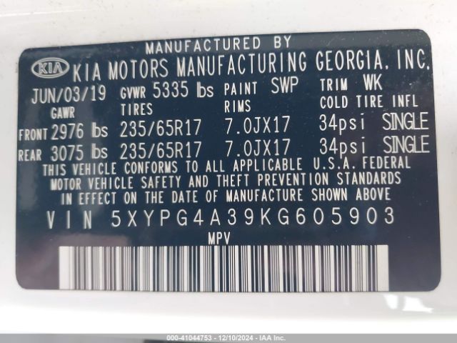 5XYPG4A39KG605903 KIA Sorento 2.4l L