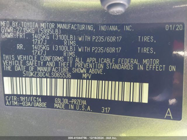 5TDKZ3DC4LS065536 Toyota SIENNA LE