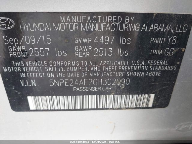 5NPE24AF2GH302090 Hyundai SONATA SE