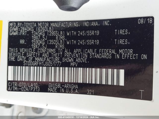 5TDDGRFH1JS051777 Toyota Highlander Hybrid Limited