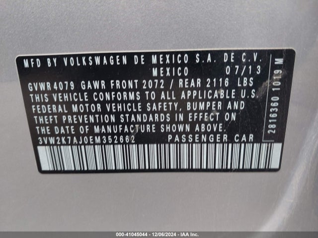 Volkswagen Jetta 2.0l S 2014 3VW2K7AJ0EM352662 Image 9