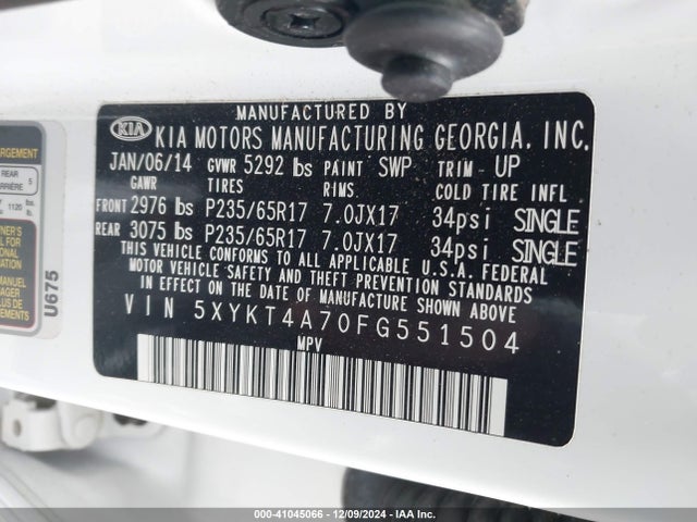 KIA Sorento Lx V6 2015 5XYKT4A70FG551504 Image 9