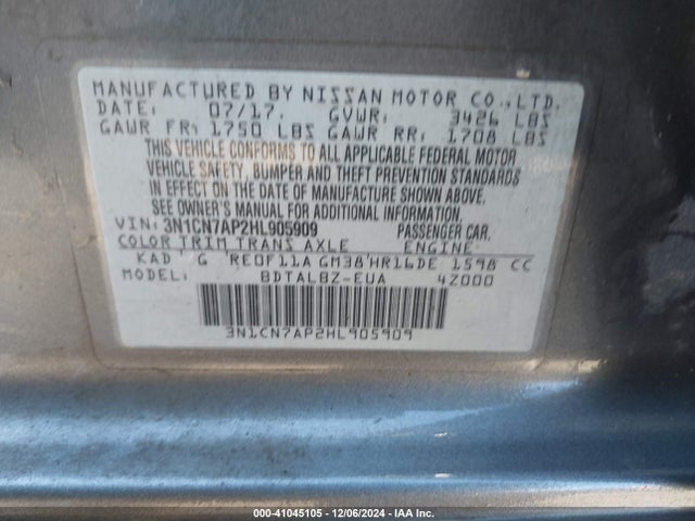 3N1CN7AP2HL905909 Nissan Versa 1.6 Sv