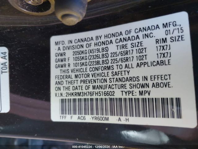 2HKRM3H76FH516602 Honda Cr-v Ex-l