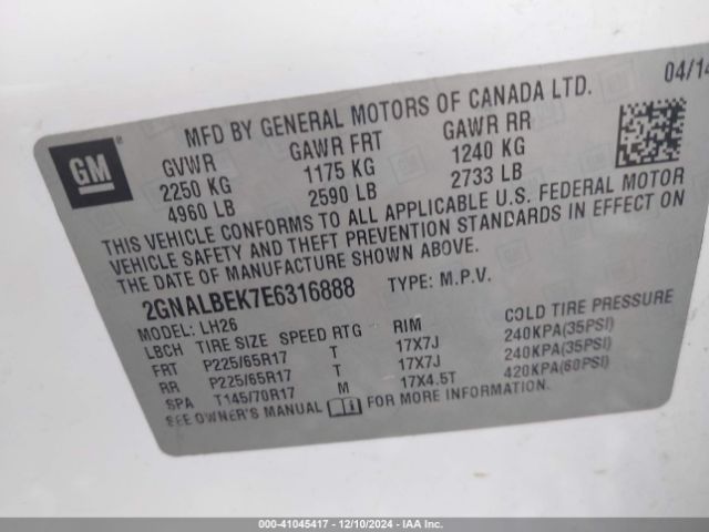 2GNALBEK7E6316888 Chevrolet EQUINOX 1LT