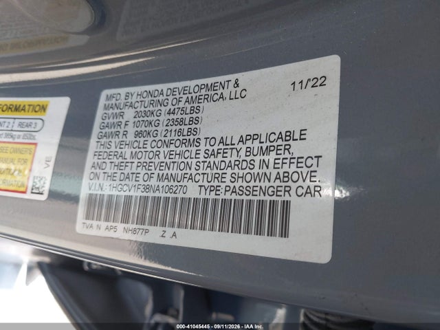 2022 Honda Accord Sport მანქანა იყიდება აუქციონზე, vin: 1HGCV1F38NA106270, აუქციონის ნომერი: 41045445