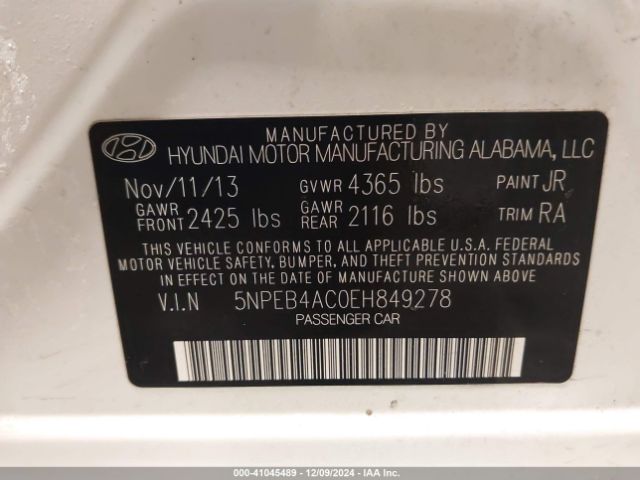 5NPEB4AC0EH849278 Hyundai SONATA GLS