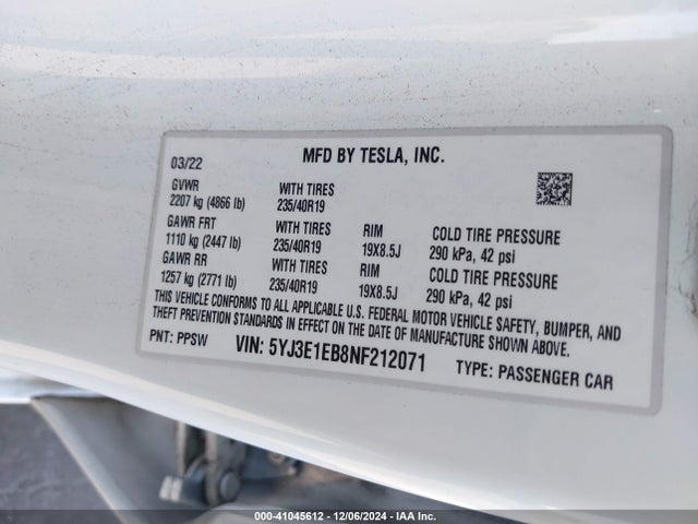 2022 TESLA MODEL 3 5YJ3E1EB8NF212071 Photo 8