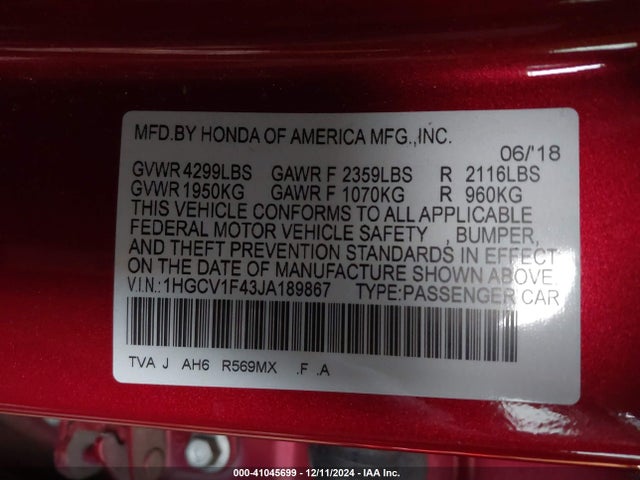 Honda ACCORD EX 2018 1HGCV1F43JA189867 Image 9