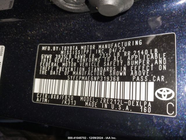 5YFEPMAE6NP319368 Toyota COROLLA LE