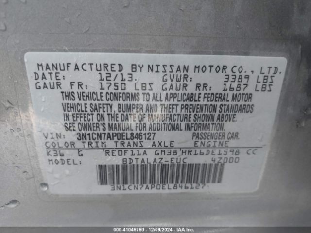 3N1CN7AP0EL846127 Nissan Versa 1.6 S+