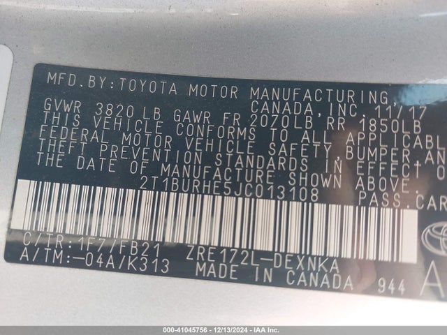 Toyota COROLLA LE 2018 2T1BURHE5JC013108 Image 9